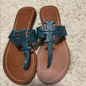Tory Burch Blue and Brown Sandals with Bow Detail